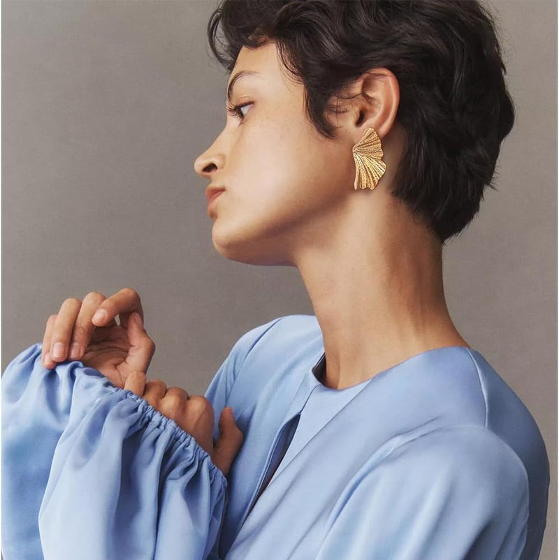 FAUTHENTICUTE Chunky Gold Statement Earrings For Women Gold Plated Sectored Flower Leaf Shell Angel Wing Earrings Large Stud Earrings Hypoallergenic Earrings - Image 2